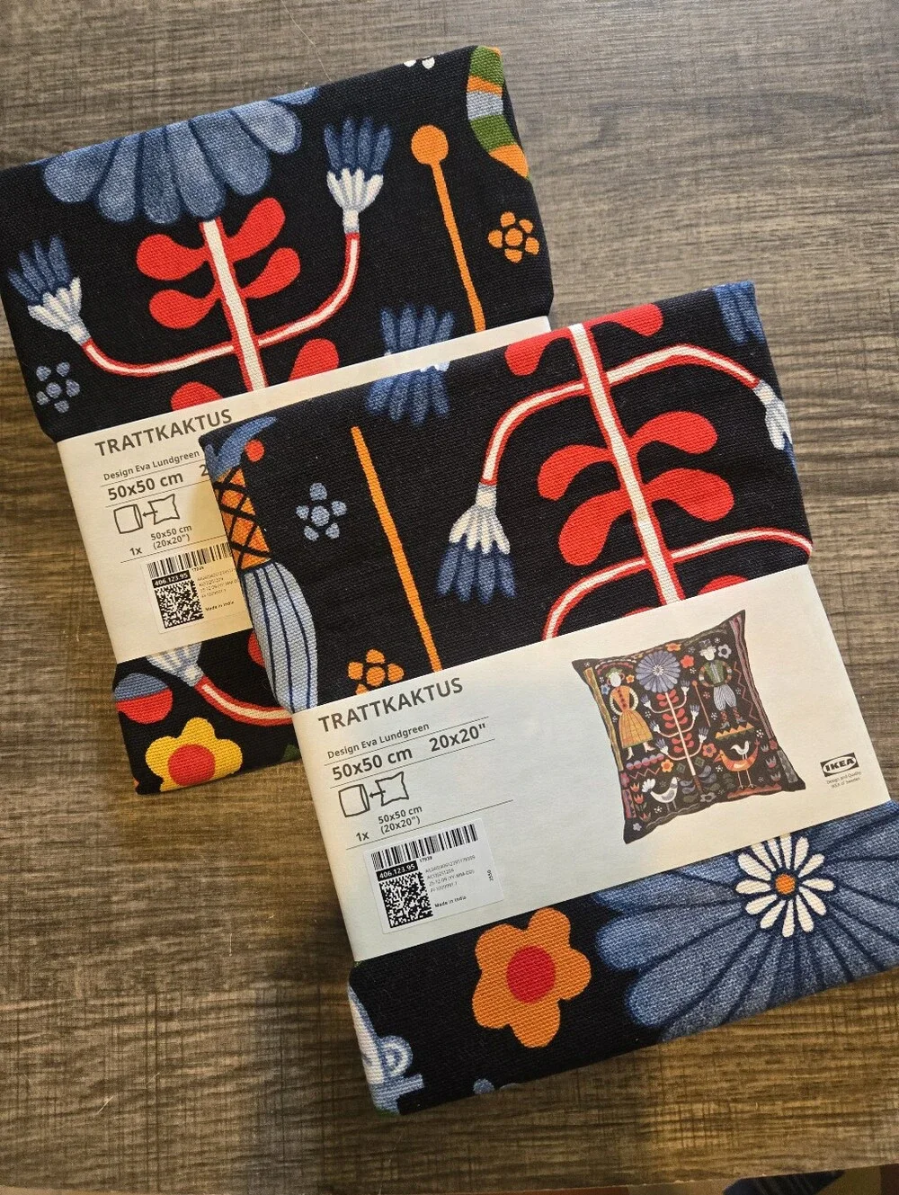 2 TRATTAKTUS Pillow Cover in Black with Orange, Blue & Yellow Floral Accents